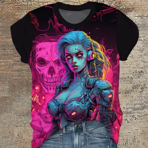 Cyberpunk Skull Future Warrior Round Neck T-Shirt